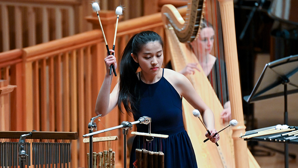 A student playing the marimba in the Amaryllis Fleming Concert Hall A student playing the marimba in the Amaryllis Fleming Concert Hall