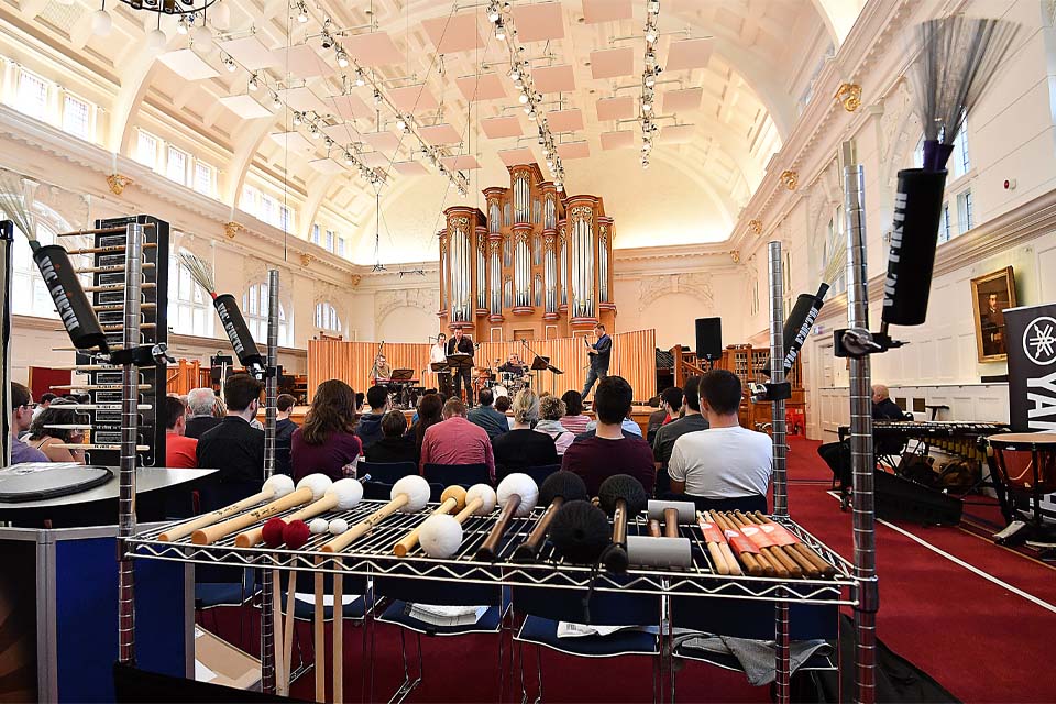 Mallets lined up, with a session in progress in the Amaryllis Fleming Concert Hall