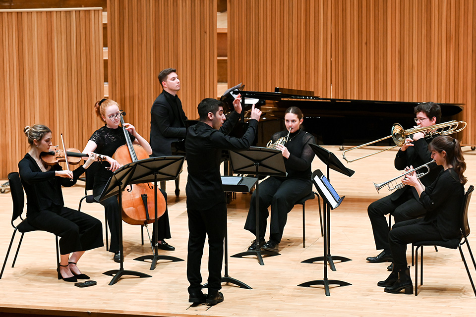 A chamber group performs on stage