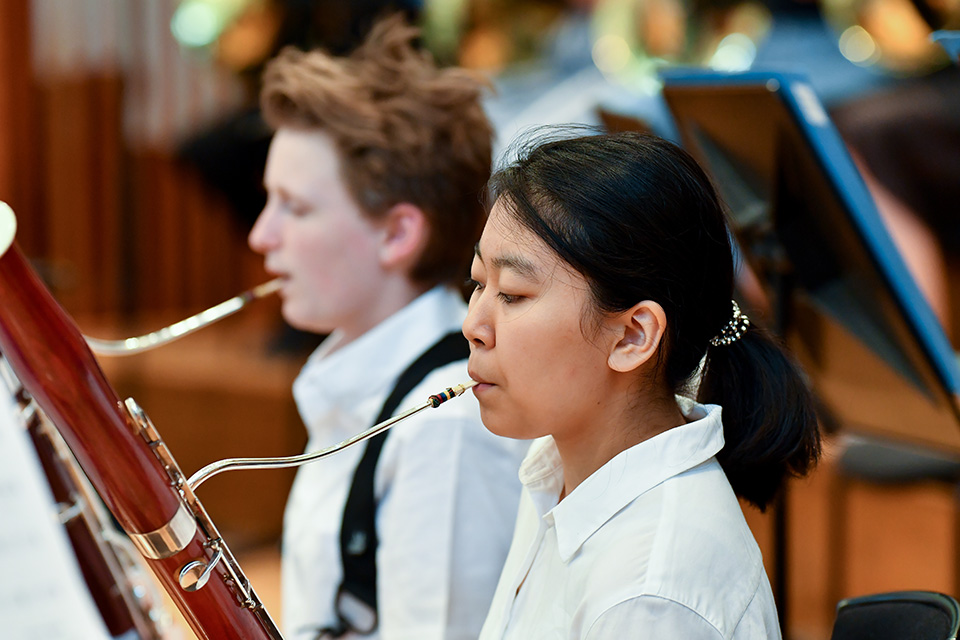 Tow young bassonists perform on stage
