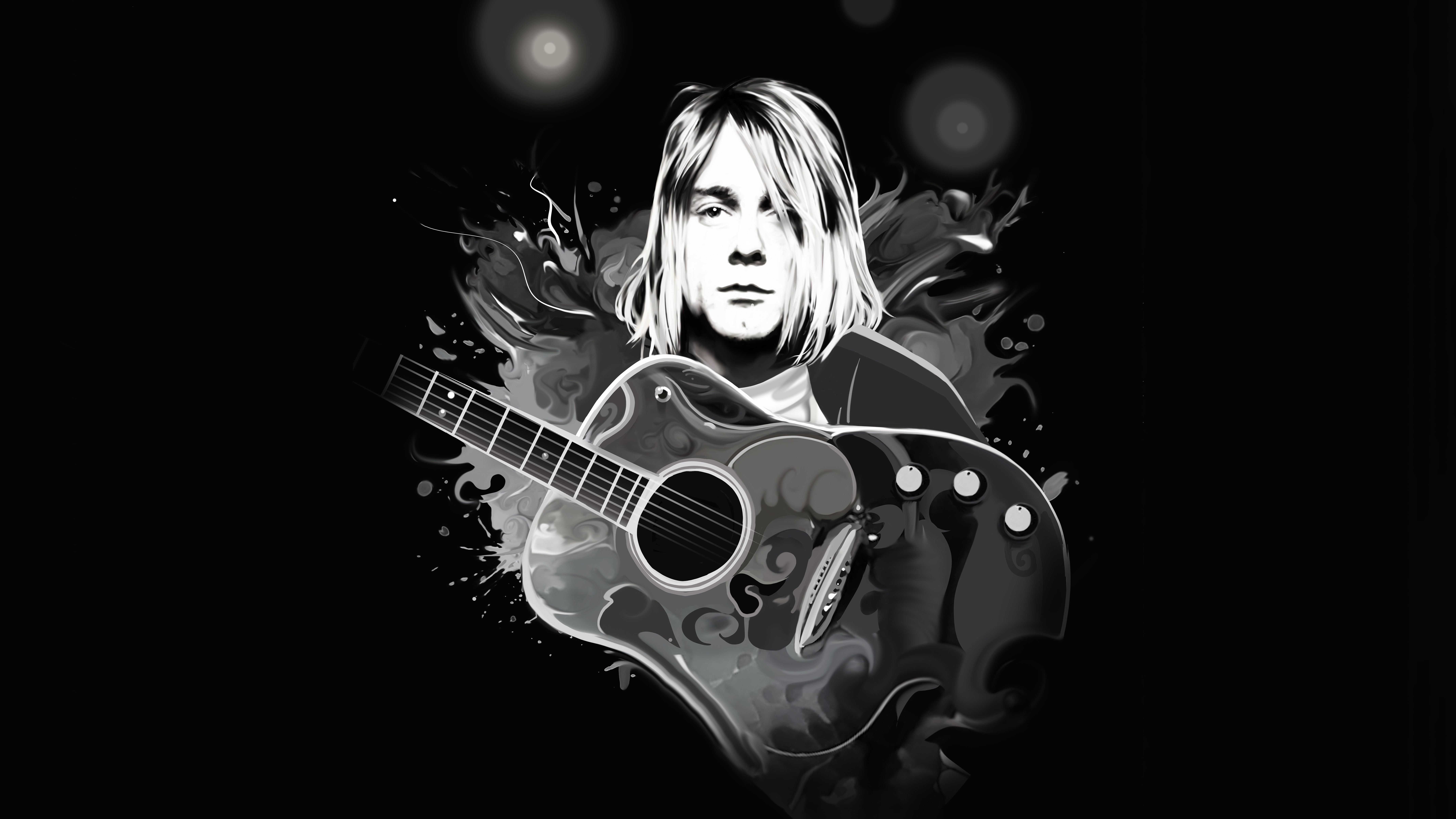 A drawing of a man with light hair, with a classical guitar in front of them.