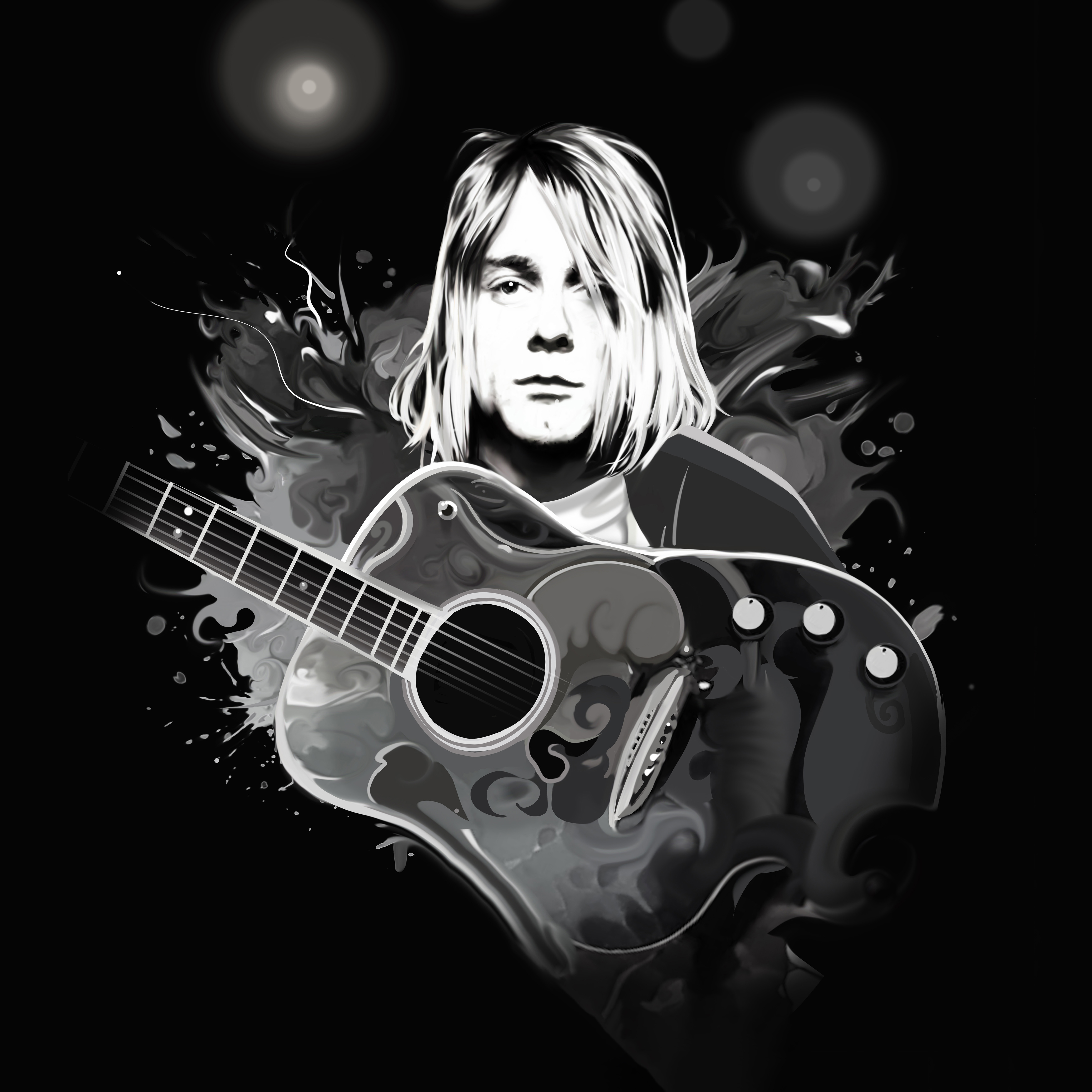 A drawing of a man with light hair, with a classical guitar in front of them.