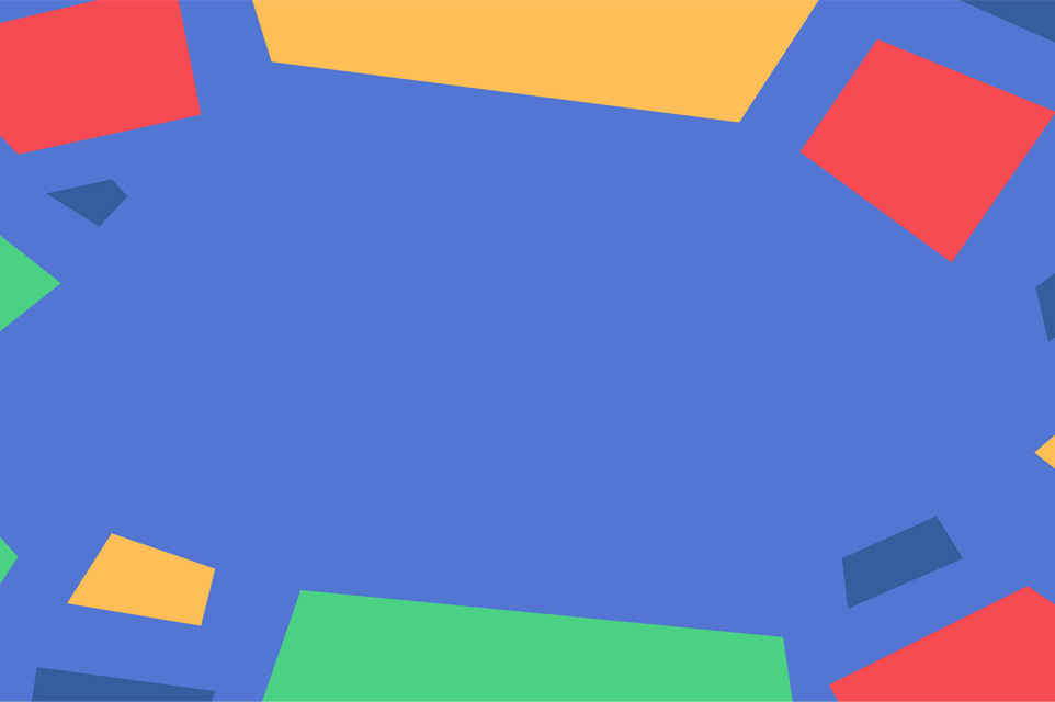 A blue banner decoration, with yellow, red and green blocks on the outside.