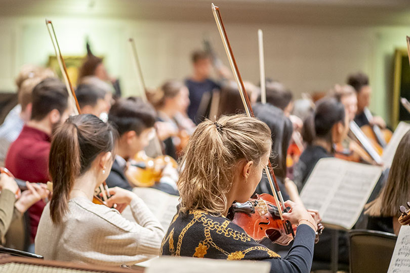 Strings in an RCM orchestral rehearsal