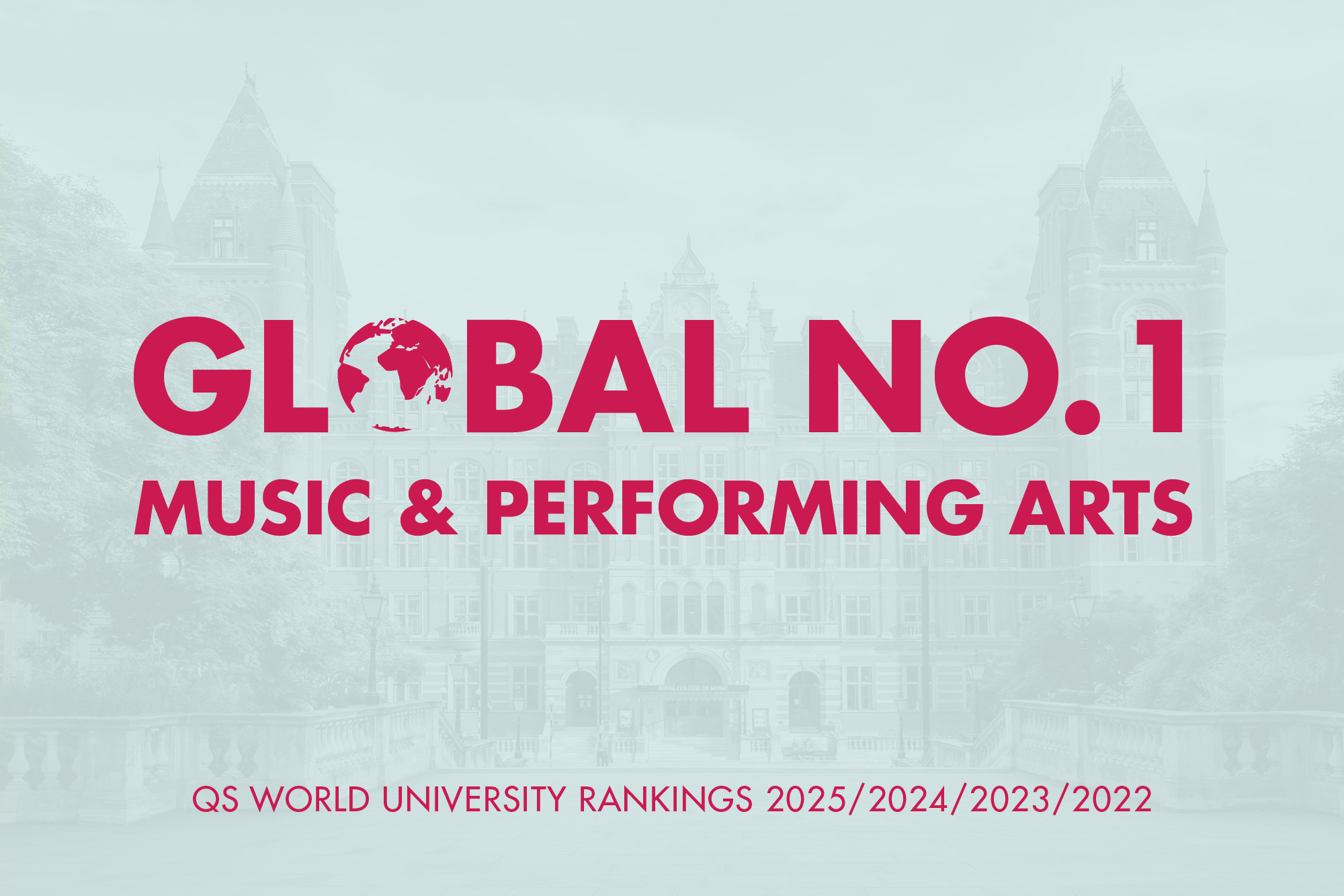 Global No. 1 Music and Performing Arts, QS World University Rankings 2025, 2024, 2023, 2022 on a blue background